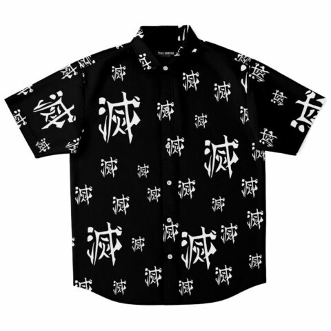 Black button-up shirt with white symbol pattern throughout
