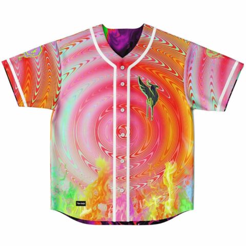 Pink swirl vortex baseball jersey front with dripping wing logo and flame hem