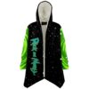 Black green swirling rave cloak with starry print and green portal sleeves front view