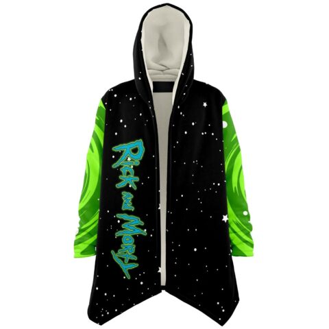 Black green swirling rave cloak with starry print and green portal sleeves front view