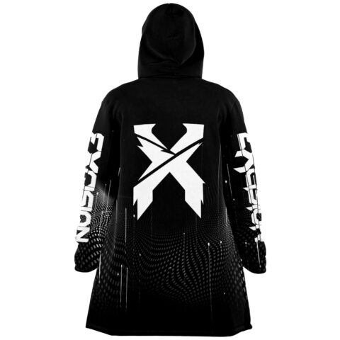 Bass-inspired hooded cloak with large crossed X emblem on back and cream-lined hood