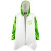 Hooded rave cloak with green portal swirl sleeves and Wubba Lubba Dub Dub text front