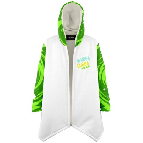 Hooded rave cloak with green portal swirl sleeves and Wubba Lubba Dub Dub text front