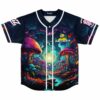 Baseball jersey with glowing mushroom forest print and Subtronics eyeball logo front view