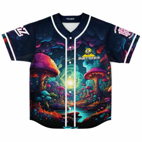 Baseball jersey with glowing mushroom forest print and Subtronics eyeball logo front view