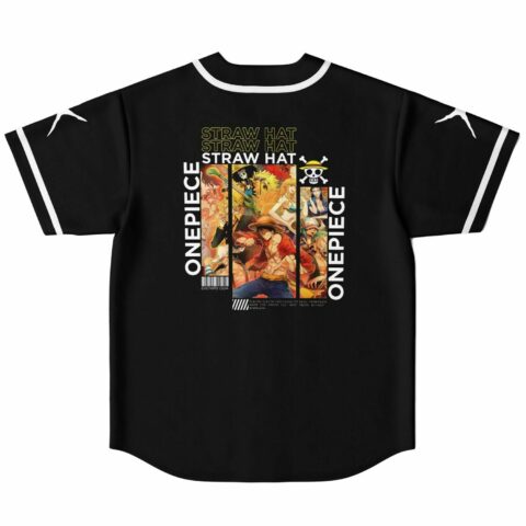 back view of jersey with anime-inspired crew graphic and straw hat text panels