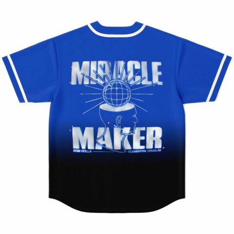 Back view showing Miracle Maker text and open head globe graphic on gradient jersey