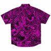 Front view of the rave button-down shirt with vibrant pink and black swirling patterns