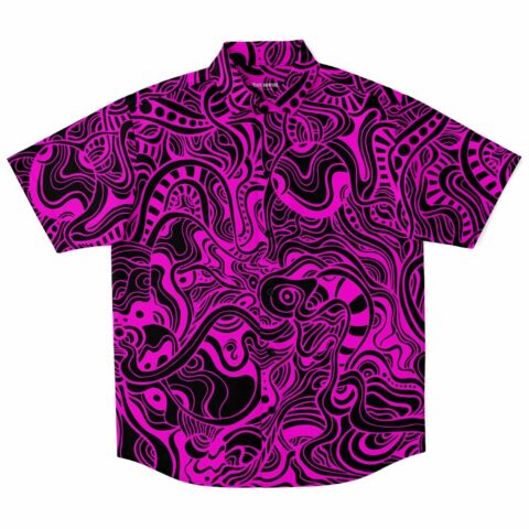 Button-up shirt front view with vibrant pink and black swirling patterns