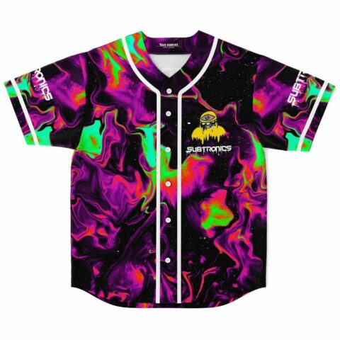 Purple and green marbled acid trip baseball jersey with dripping eye logo front view