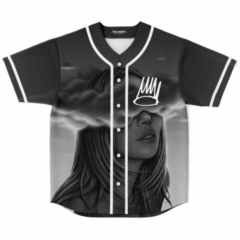Black and white baseball jersey with airbrush portrait and cloud crown graphic, front view