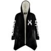 Black rave cloak with stylized crossed X logo and dripping halftone wave print, front view