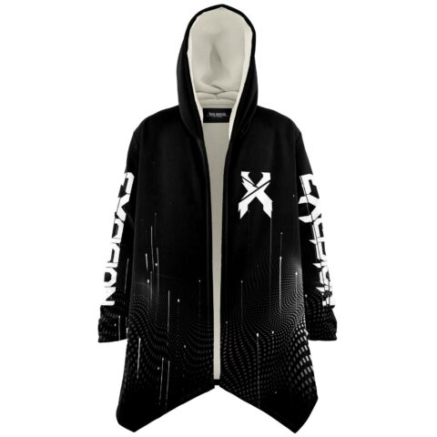 Black rave cloak with stylized crossed X logo and dripping halftone wave print, front view