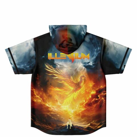 Hooded baseball jersey back view with fiery phoenix rising from flames under storm clouds