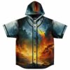 Flaming phoenix hooded jersey front view showing storm-to-fire gradient and small wing logo