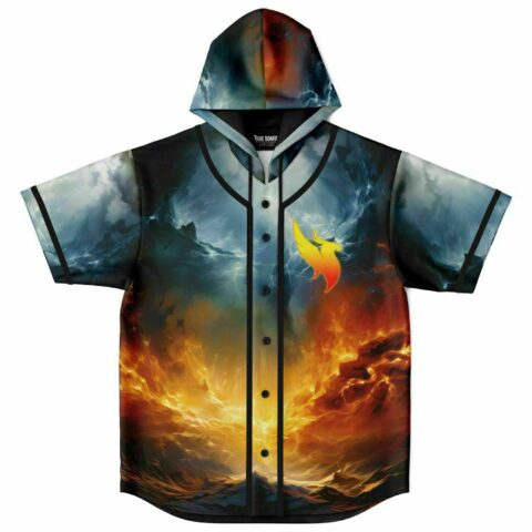 Flaming phoenix hooded jersey front view showing storm-to-fire gradient and small wing logo