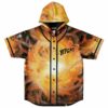 Front view of burning fire rave hooded baseball jersey with BTSM text