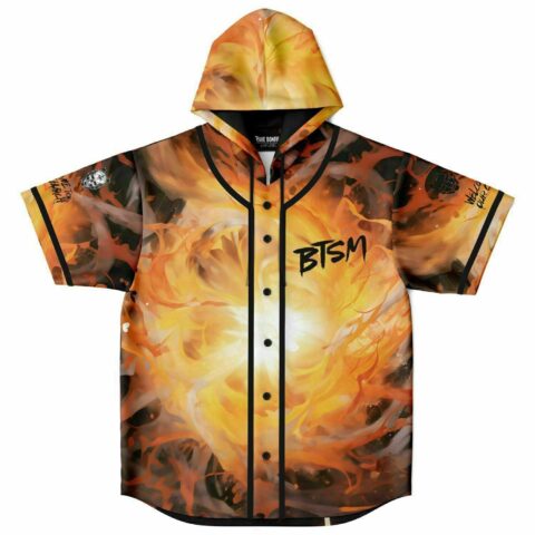 Front view of burning fire rave hooded baseball jersey with BTSM text