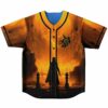 Orange side of reversible jersey front view with hooded silhouette walking toward glowing gate