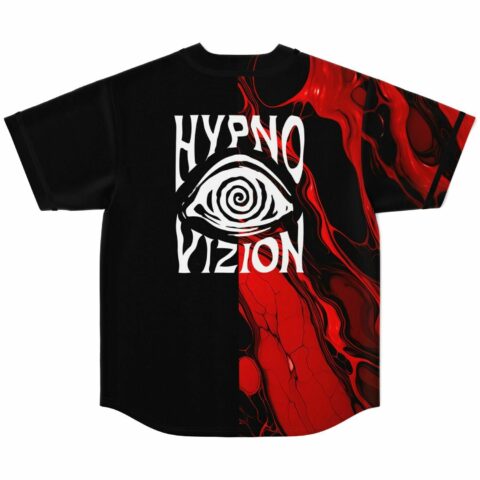 Black and red split jersey with HYPNO VIZION spiral eye graphic, back flat lay