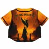 Black and orange rave cropped baseball jersey with the words melodic bass head