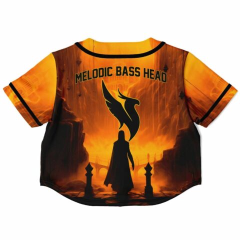 A black and orange Alejandra Cropped Baseball Jersey V1 that says melodic bass head.