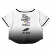 Back view of the black and white rave cropped baseball jersey with motivational text and contrasting logo