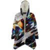 Iridescent rainbow glitch print hooded cloak with sherpa lining, front view open