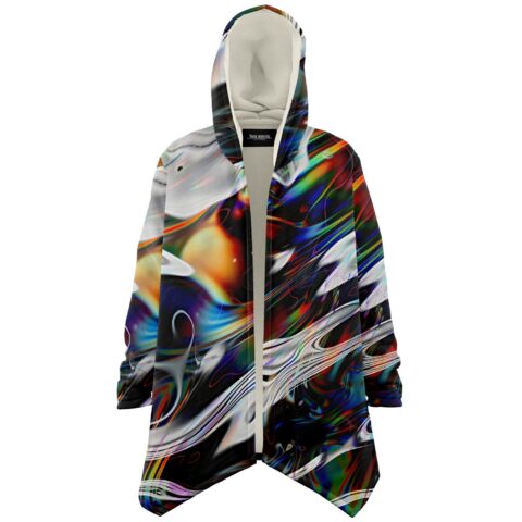 Iridescent rainbow glitch print hooded cloak with sherpa lining, front view open