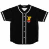 Black baseball jersey front view, yellow mascot sitting on red and white ball on chest