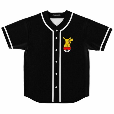 Black baseball jersey front view, yellow mascot sitting on red and white ball on chest