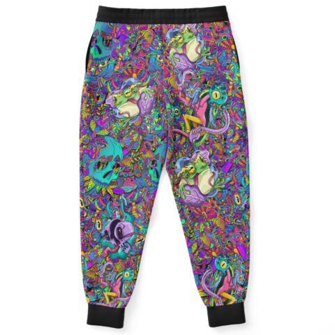 Neon acid trip skull print rave joggers back view with dense mushroom pattern