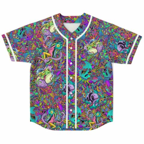 Trippy skull and frog psychedelic rave baseball jersey with white piping front view