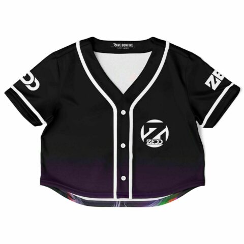 Black cropped baseball jersey with colorful abstract design