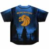Back view of blue jersey with lion mascot and Melodic Bass Head text over misty