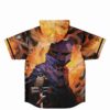 Back view of hooded rave jersey with masked figure and flame swirl design
