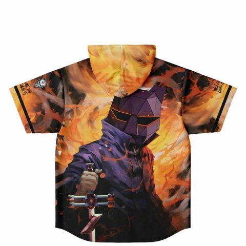 Back view of hooded rave jersey with masked figure and flame swirl design
