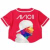 Red rave cropped baseball jersey with a colorful abstract design on the back