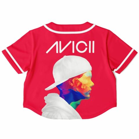 Red cropped baseball jersey with colorful abstract back design