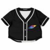 Front view of the black rave cropped baseball jersey with a vibrant pocket design