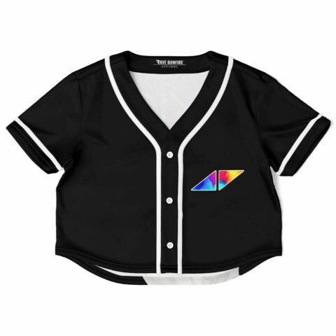 Black cropped baseball jersey front view with vibrant pocket design