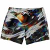 Black abstract glitchy rave swim trunks with rainbow chromatic streaks, white drawstring waistband, front view