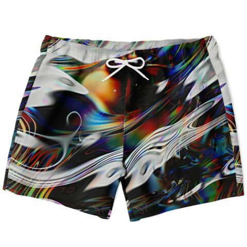 Black abstract glitchy rave swim trunks with rainbow chromatic streaks, white drawstring waistband, front view