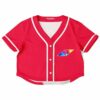 Front view of the red rave cropped baseball jersey with a geometric pocket detail