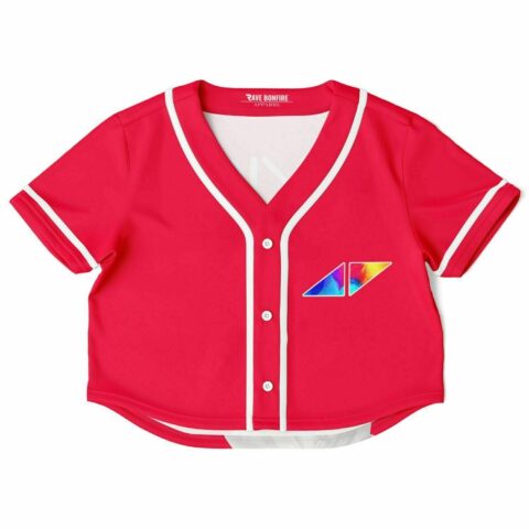 Red cropped baseball jersey front view with geometric pocket detail