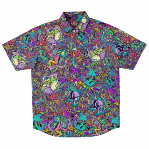 Festival-themed button-up shirt with vibrant colorful patterns