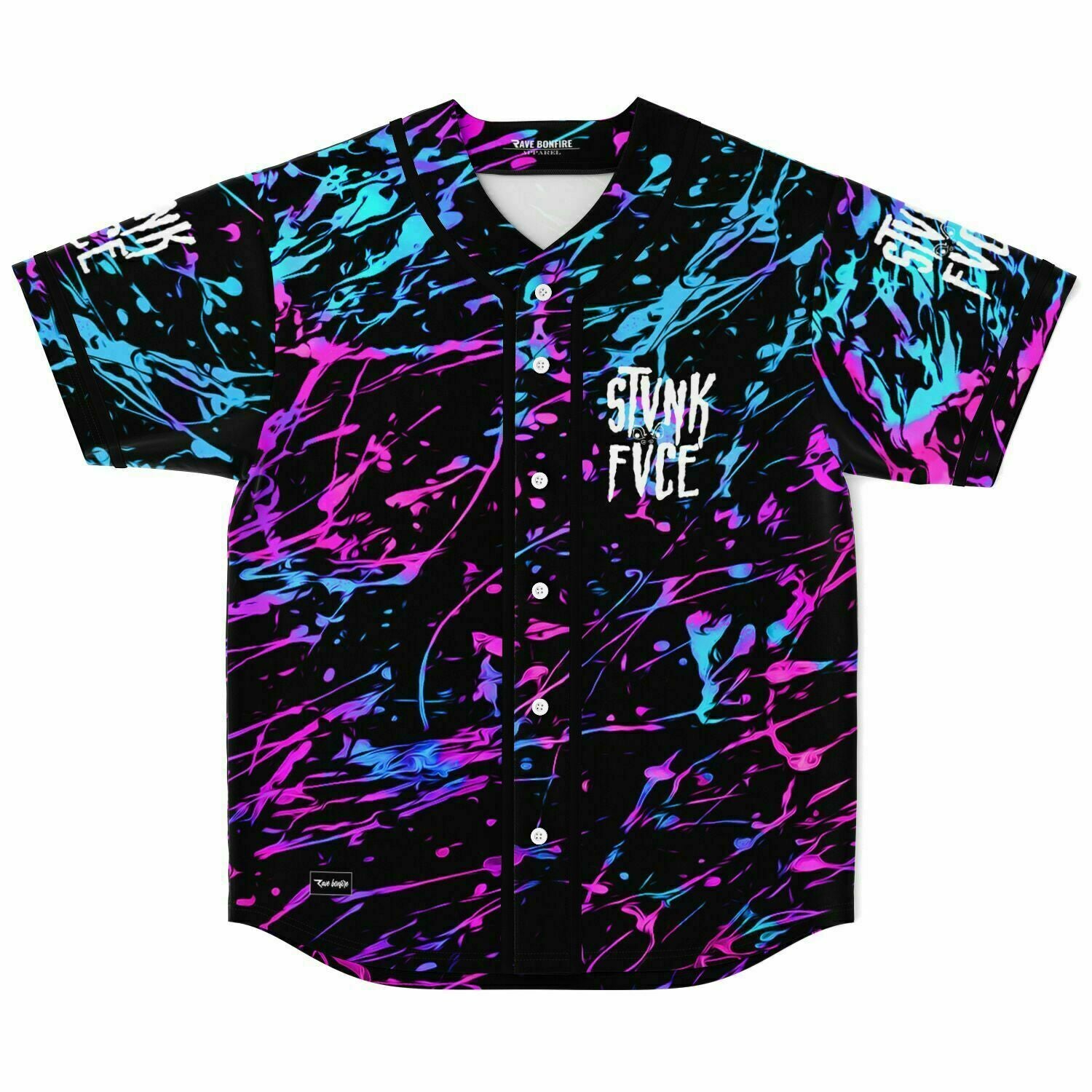 A Riley Baseball Jersey (new) with paint splatters on it.