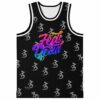 Front view of black basketball jersey with tie-dye rainbow Zeds Dead script and gray tribal