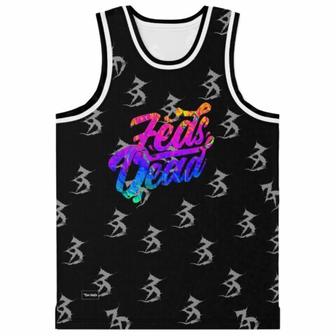 Front view of black basketball jersey with tie-dye rainbow Zeds Dead script and gray tribal