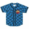 Blue warped checkerboard rave baseball jersey with flaming devil cowboy patch on chest